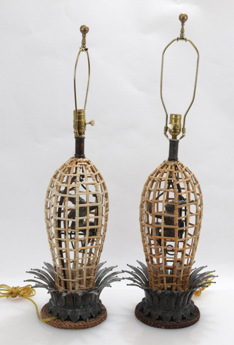 Pair of Rattan Patinated Bronze Lamps