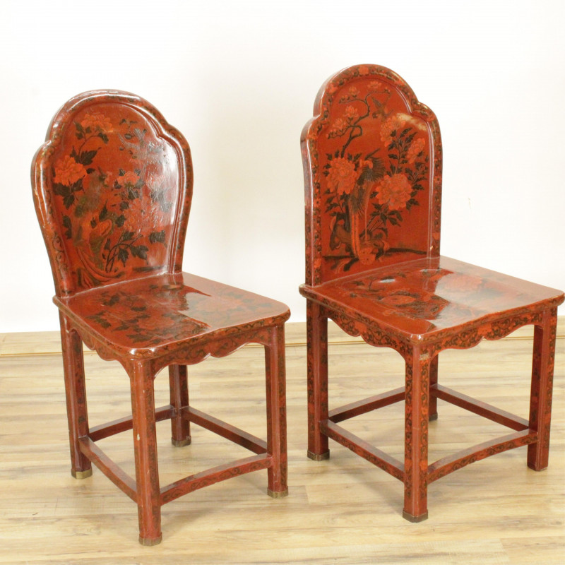 2 Asian Red Lacquer Side Chairs