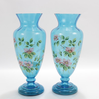 Image for Lot Pair Moser Style Enameled Glass Vases