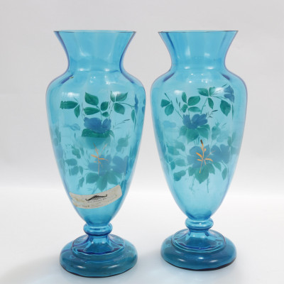 Pair Moser Style Enameled Glass Vases