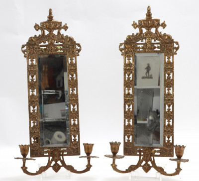 Pair Brass Regency Style Mirrored Wall Sconces 20C