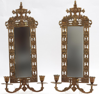 Pair Brass Regency Style Mirrored Wall Sconces 20C