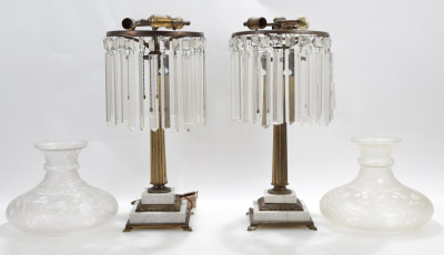 Pair American Classical Gilt Brass Marble Lamps
