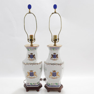 Image for Lot Pair of French Armorial Porcelain Vases as Lamps