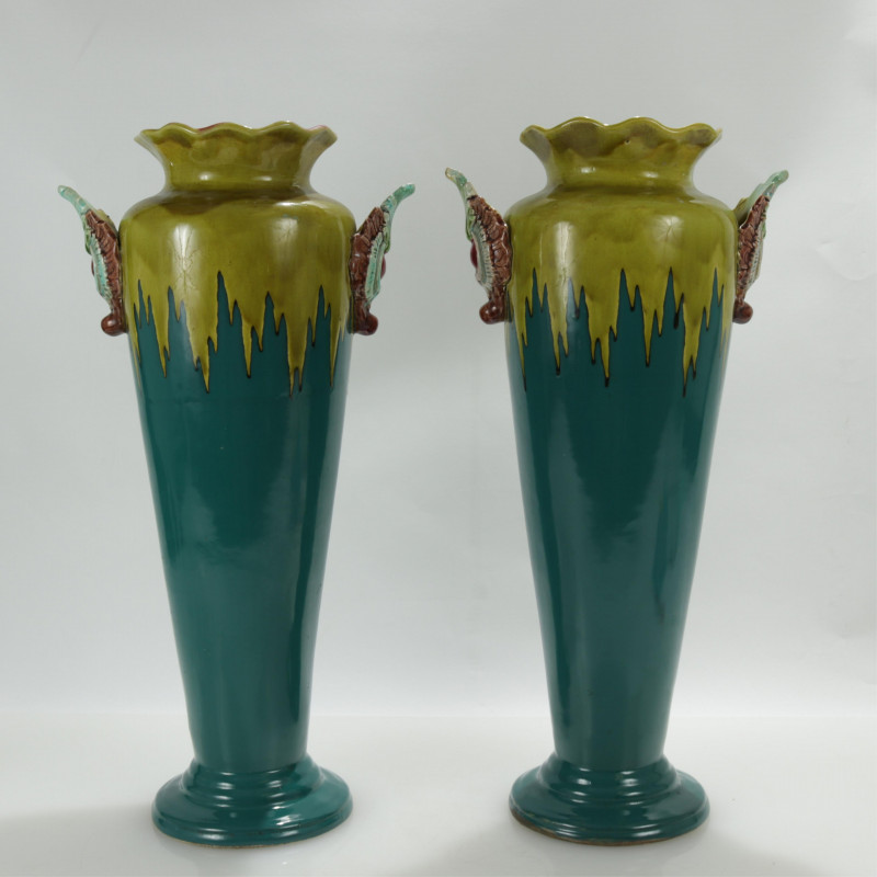 Pair Continental Blue/Green Glazed Majolica Vases
