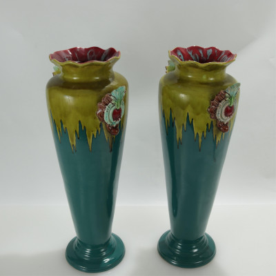 Pair Continental Blue/Green Glazed Majolica Vases