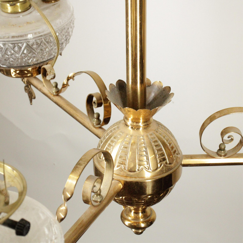 Victorian Brass & Etched Glass 3-Light Chandelier
