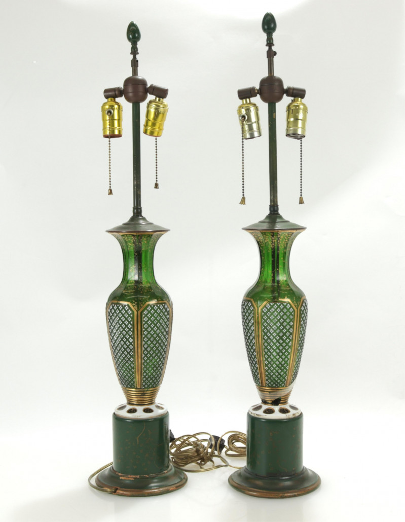 Pair Bohemian Gilt Green Glass Lamps