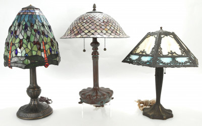 3 Arts & Crafts Metal & Slag Glass Lamps