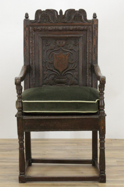 Image for Lot English Baroque Inlaid Oak Wainscot Chair, 17th C.