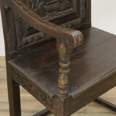 English Baroque Inlaid Oak Wainscot Chair, 17th C.