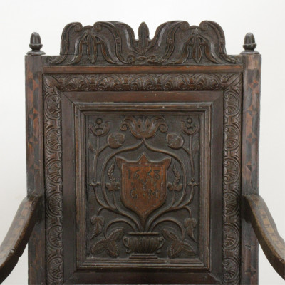 English Baroque Inlaid Oak Wainscot Chair, 17th C.
