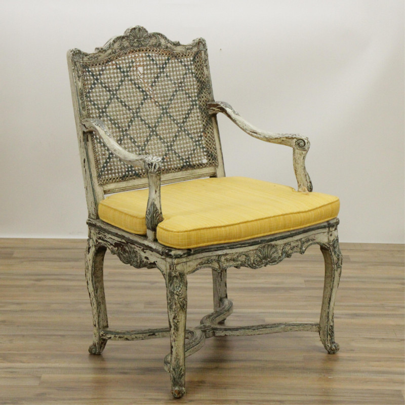 Regence White & Green Painted Fauteuil, E 19th C.