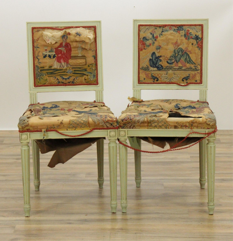 Pr Louis XVI Style Chairs, 18th/19th C Embroidery