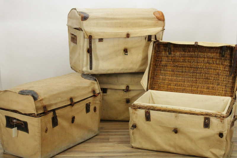 4 Canvas Wrapped Wicker Trunks, 19th/20th C.