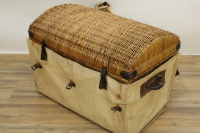 4 Canvas Wrapped Wicker Trunks, 19th/20th C.