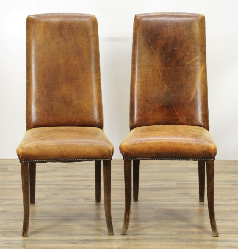 Pair Contemporary Brown Leather Dining Chairs