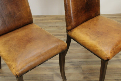 Pair Contemporary Brown Leather Dining Chairs