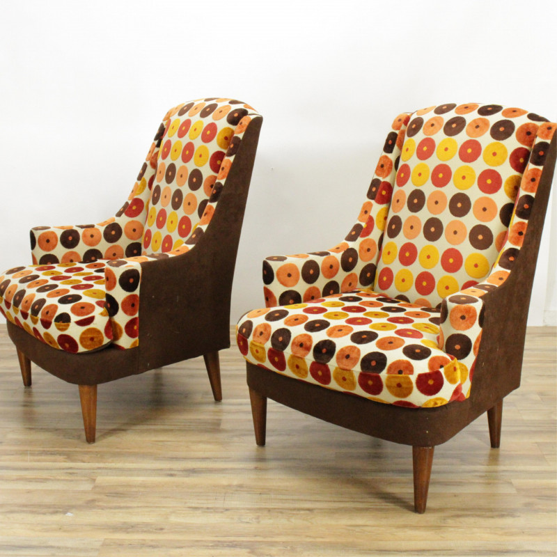 Pair Contemporary Upholstered Walnut Armchairs