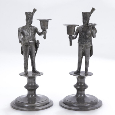 Image for Lot Pair Cast Lead Soldier Candlesticks