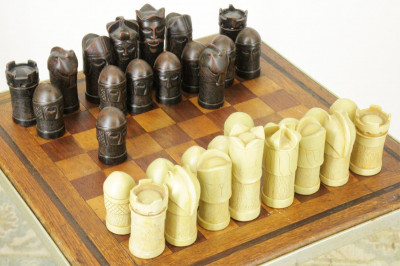 Image for Lot Contemporary Inlaid Wood Chess Board on stand