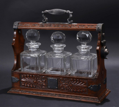 Image for Lot Victorian Silverplate Mounted Oak Tantalus, 19 C.