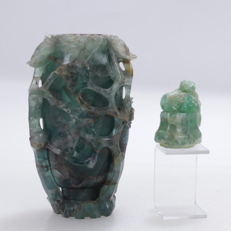 Chinese Carved Green Quartz Covered Urn