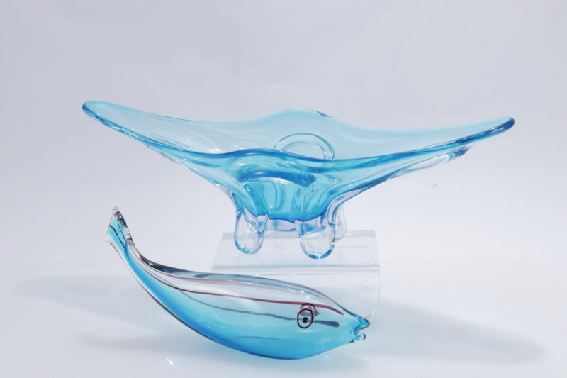 Modern Blue Art Glass Bowl and Fish