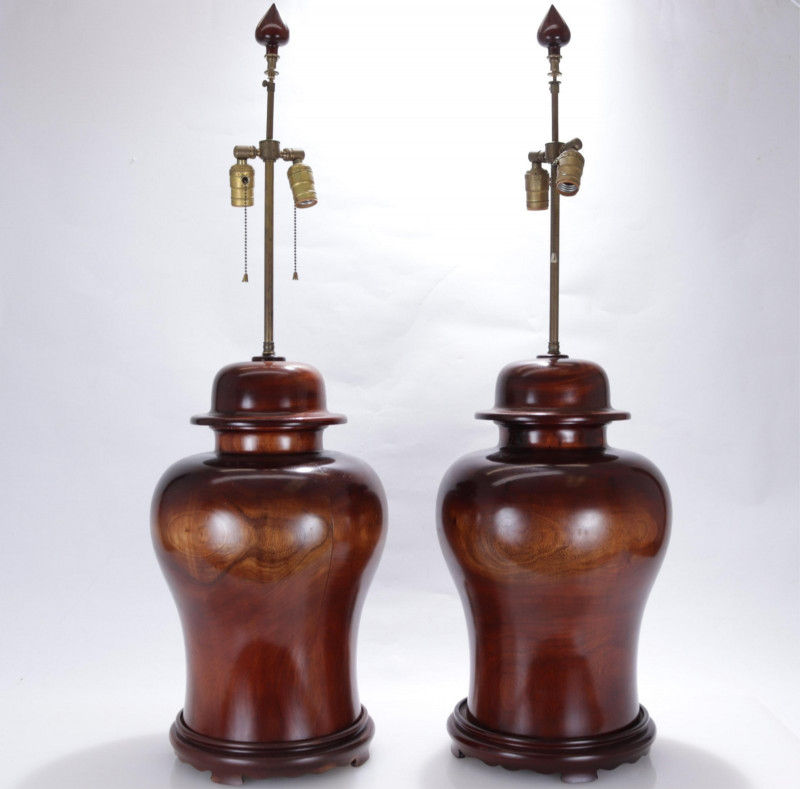 Pr Contemporary Ginger Jar Form Mahogany Lamps