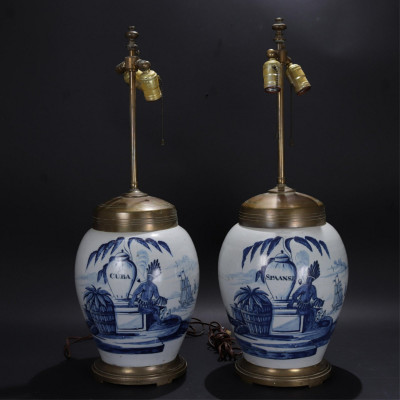 Image for Lot Two 19C Delft Tobacco Jar Lamps 