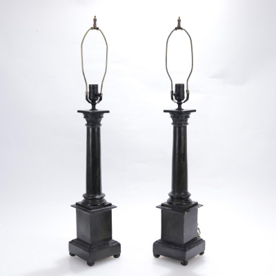 Image for Lot Pair Carved Faux Painted Wooden Column Lamps