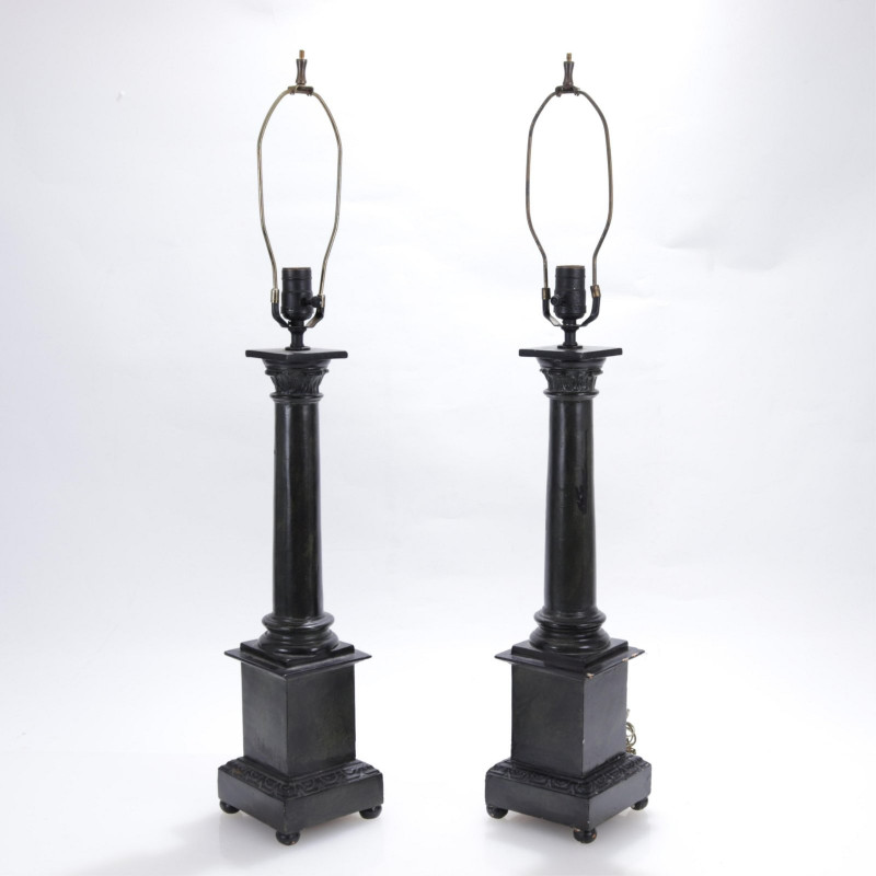 Pair Carved Faux Painted Wooden Column Lamps