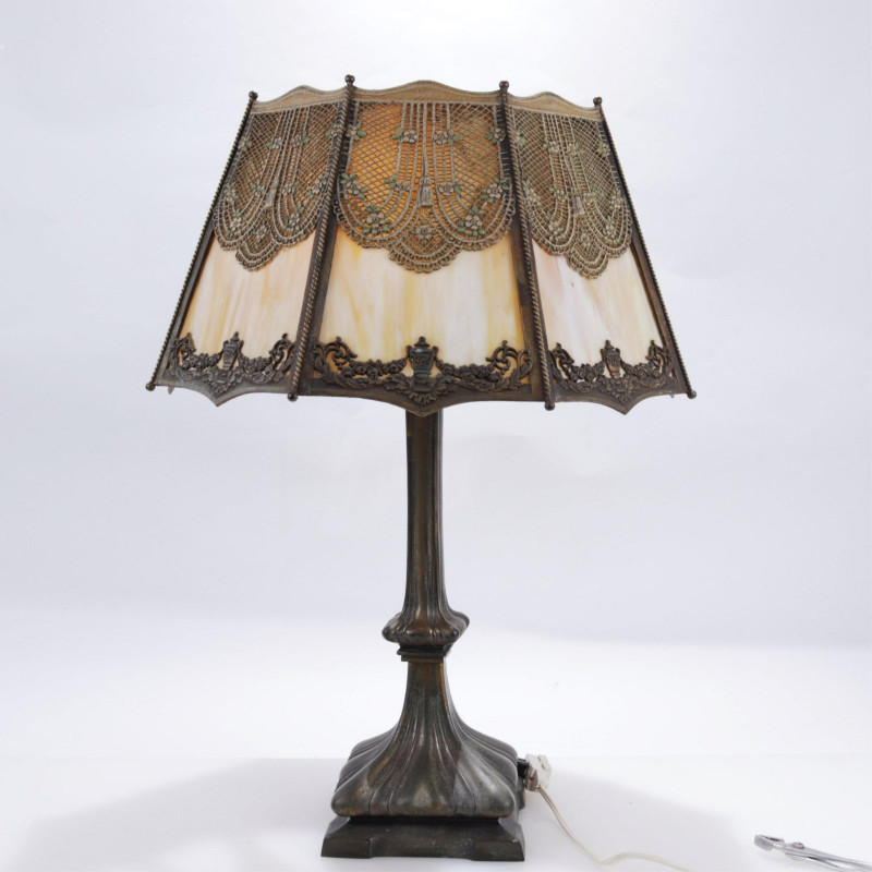 Polychromed White Metal Slag Glass Lamp, Handel