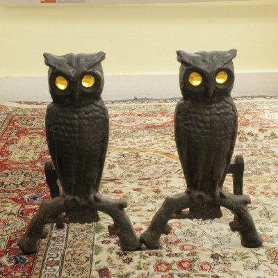 Pair Arts & Crafts Style Owl Andirons, Fire Screen