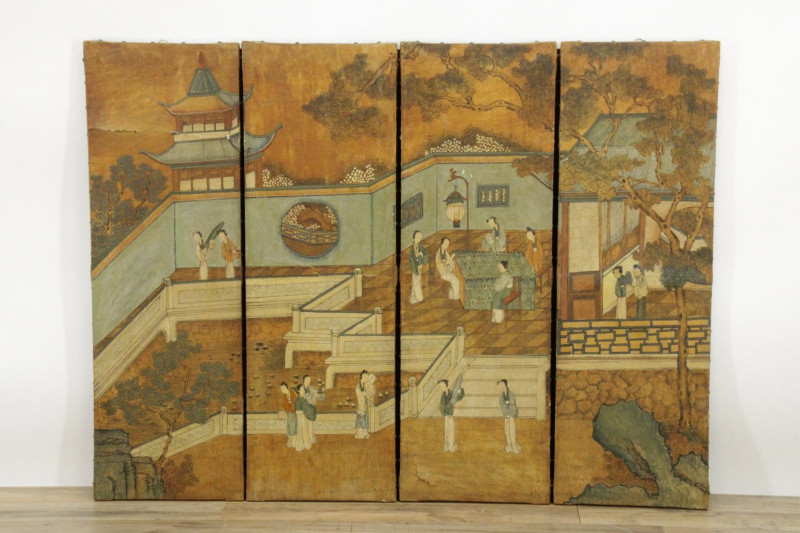 Chinese Paint Decorated 4 Panel Screen