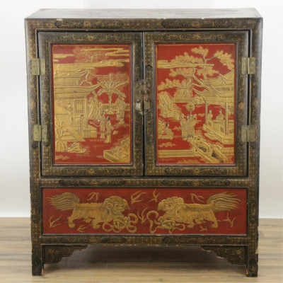 Image for Lot Chinese Gilt Black Scarlet Lacquer Cabinet