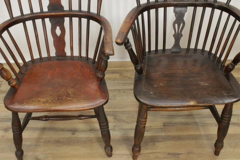 Pair English Elm Windsor Armchairs, 19th C.