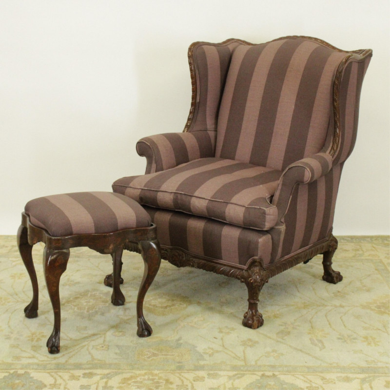 Chippendale Style Upholstered Wing Chair/Ottoman