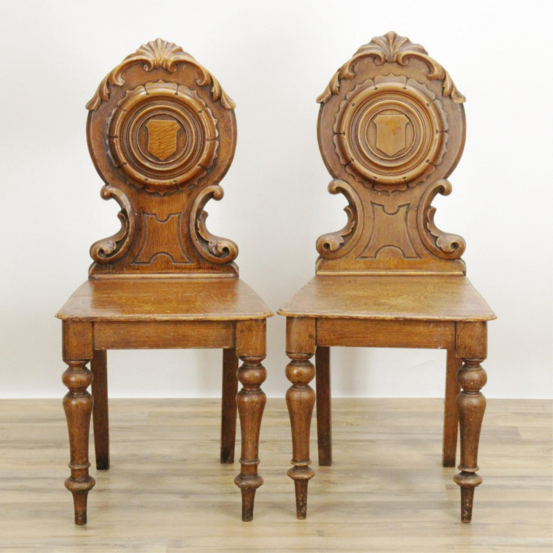 Pair Victorian Green Painted Hall Chairs, 19th C.