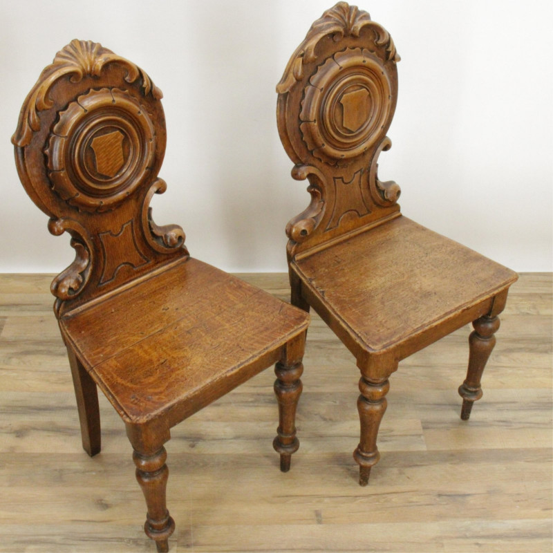 Pair Victorian Green Painted Hall Chairs, 19th C.