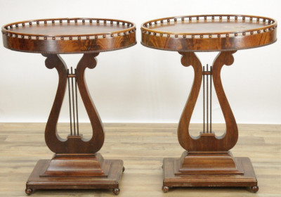 Pair Lyre Form Mahogany Occasional Tables