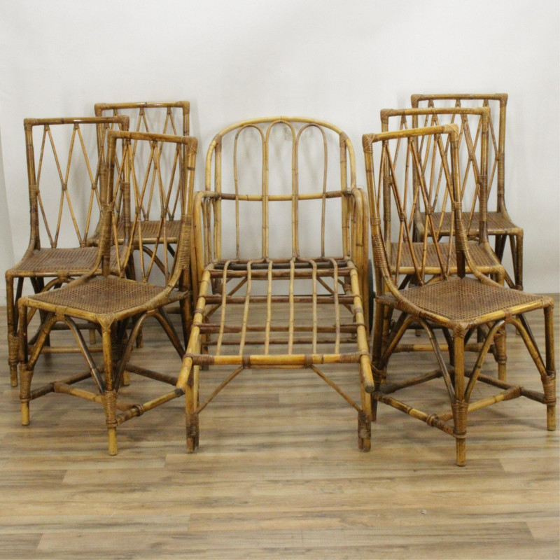 6 Vintage Bamboo Dining Chairs and Chaise