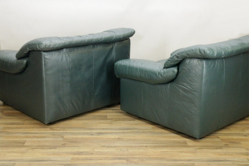 Pair of Villency Leather Club Chairs & Ottoman