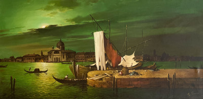 Unknown Artist - Venice at Night, Ships on the Canal