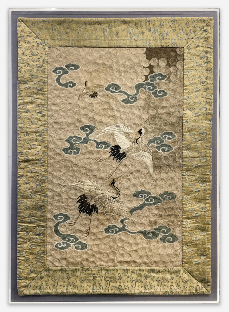 Chinese Embroidered Silk Panel with Cranes, Qing Dynasty