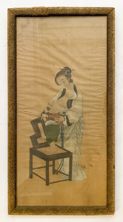 Chinese Painting of a Woman Nursing, Ink on Silk