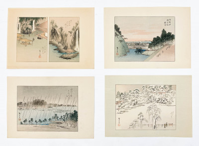 Group of 7 Japanese Woodblock Prints of Landscapes at Dusk