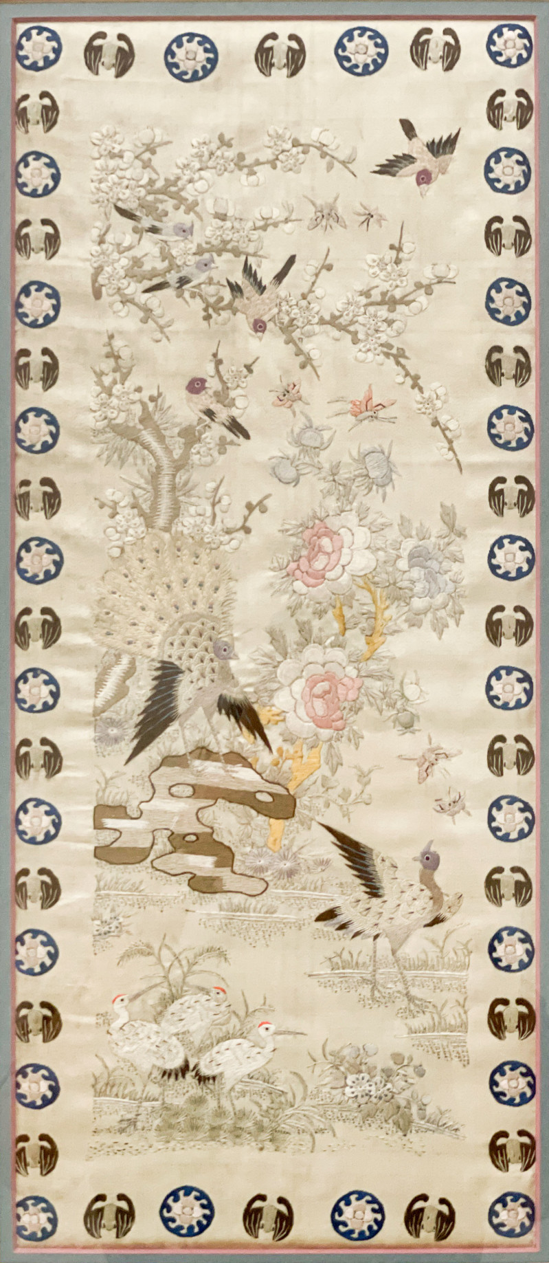 Chinese Embroidered Silk Panel depicting Birds in a Garden