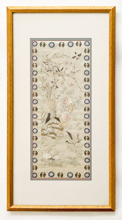 Chinese Embroidered Silk Panel depicting Birds in a Garden