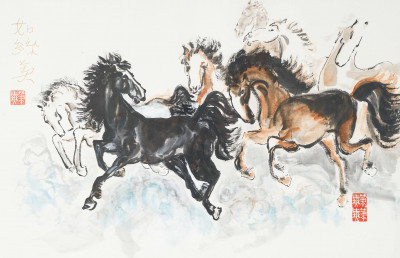 Chinese School - Chinese Painting, Ink on Paper, Horses